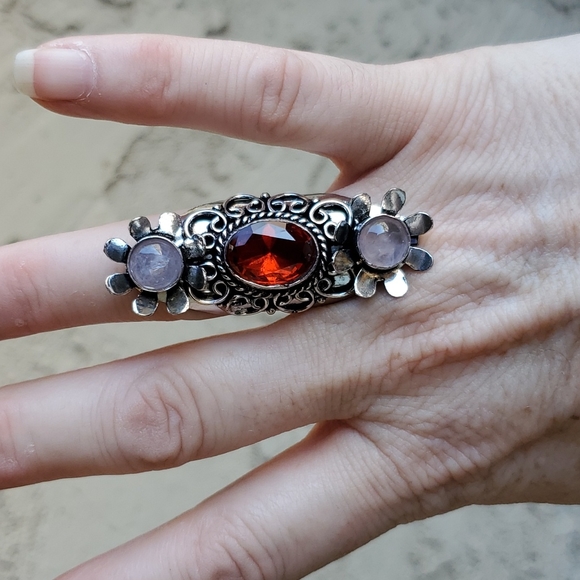 New Mozambique Garnet and Rose Quartz 925 Silver Flowers Statement Ring. - Picture 4 of 11